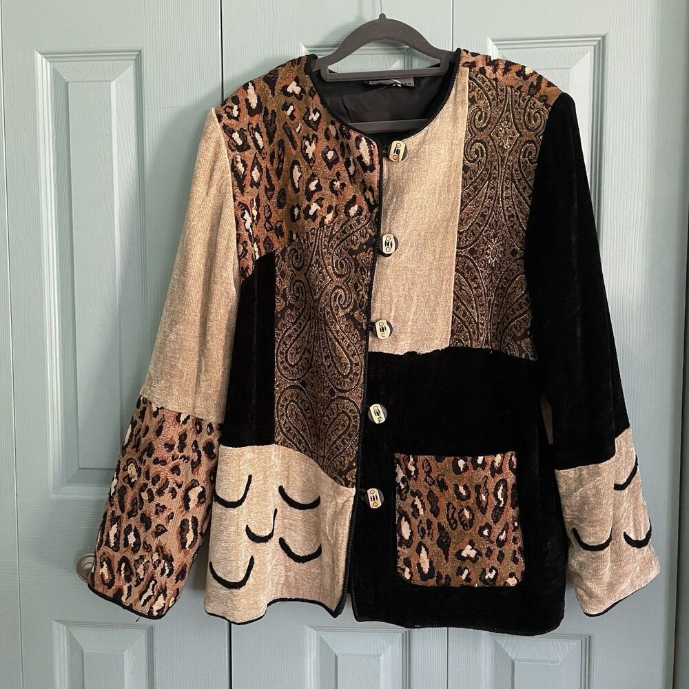 Indigo Moon Womens Artsy Leopard Print Button Up Jacket Medium Y2K Boho Hippie